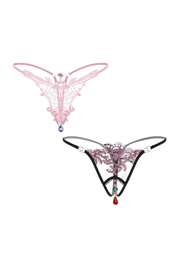 Lace Thong Panties for Women - Stretch T-String G-String Underwear 2-Pack for Wedding Night, Valentine's Day