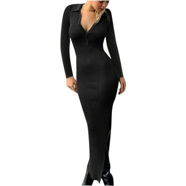 hoksml Long Dresses for Women, Women's Sexy Basics Versatile Turndown Collar Solid Color Fashion Tight Fitting Cutout Dress on Clearance