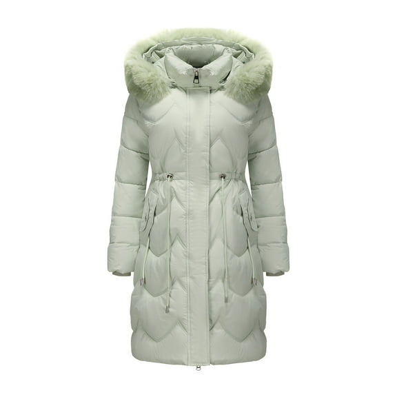 hoksml Long Puffer Coat for Women, Detachable Faux Fur Hood Parka with Drawstring Waist, Solid Color Thickened Winter Jacket