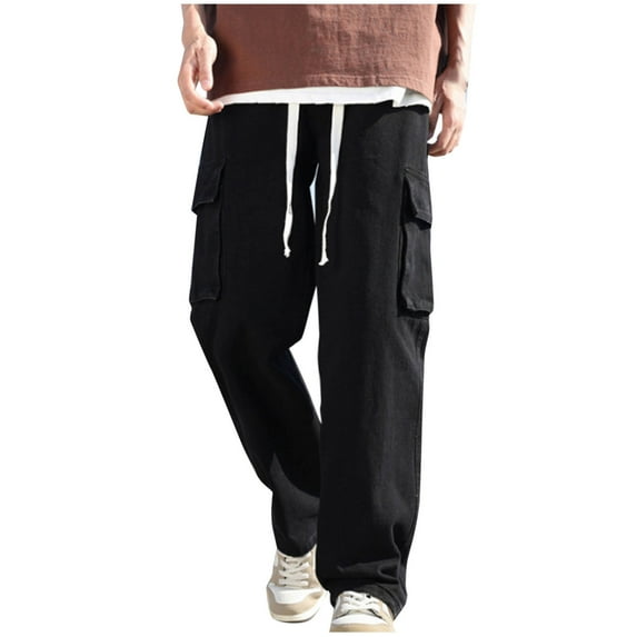 hoksml Man Vintage Cargo Denim Pants Drawstring Elastic Waistband Solid Color Work Clothes Straight Tube Jeans Trousers