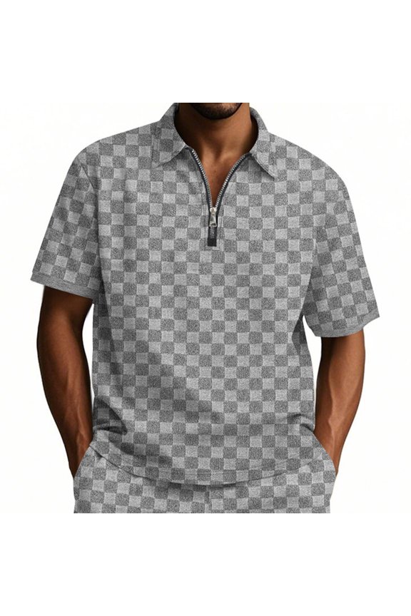 Man Waffle Polos Elasticity Casual Loose Half Zipper Lapel Short Sleeve Top Solid Color Collared T Shirt Classic Business Casual Shirts