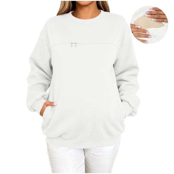 hoksml Maternity Nursing Sweatshirt Crew Neck Long Sleeve Pocket Adjustable Feeding Top for Pregnant Daily Soft