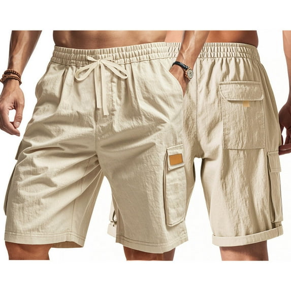 hoksml Men 2025 New Solid Color Outdoor Hiking Cargo Shorts Casual Loose Tactics Multi-pocket Drawstring Tie Short Solid Color Elastic Waist Lightweight Shorts