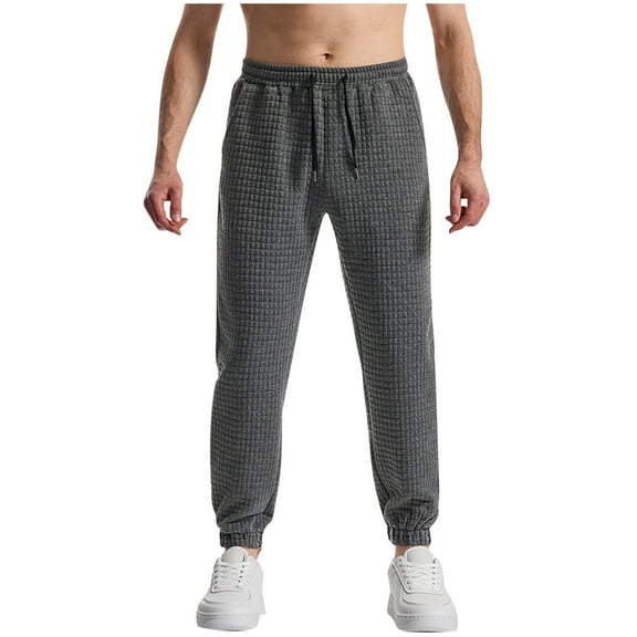 hoksml Men Athletic Pants Casual Sweatpants Elastic Waist Drawstring Joggers Pants Solid Checkered Trousers, Cuffed Pants Leg