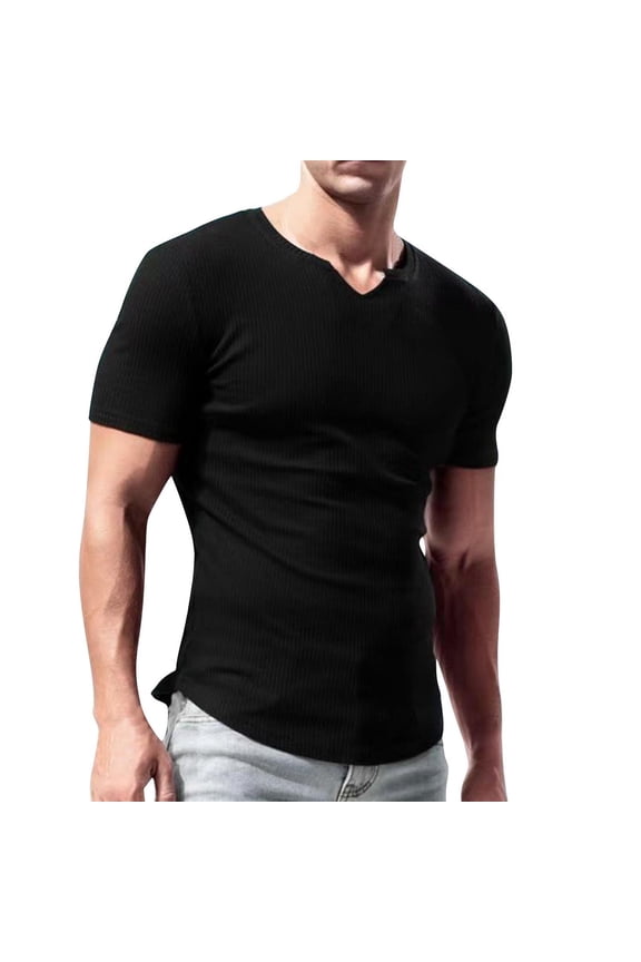 Men Business T Shirts Casual Solid Color Ribbed Slit Neck Short Sleeve Pullover V-Neck Sports Top Rounded Side Split Hem Summer Breathable Tee Shirts