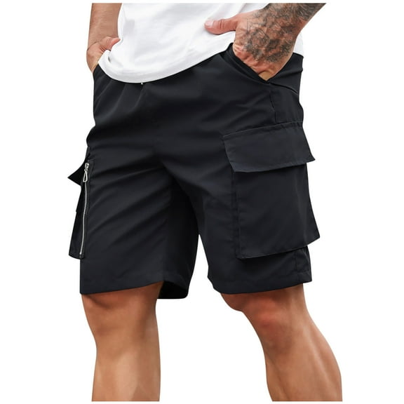 hoksml Men Cargo Shorts Solid Color Casual Drawstring Elastic Waist Straight Leg Multiple Pockets Exercise Pants Summer Casual Shorts