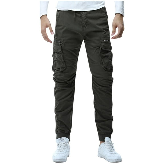 hoksml Men Casual Cargo Pants Solid Color Zipper Multi Pocket Elastic Waist Buttons Drawstring Bind The Feet Long Pants Outdoor Hiking Travel Pants
