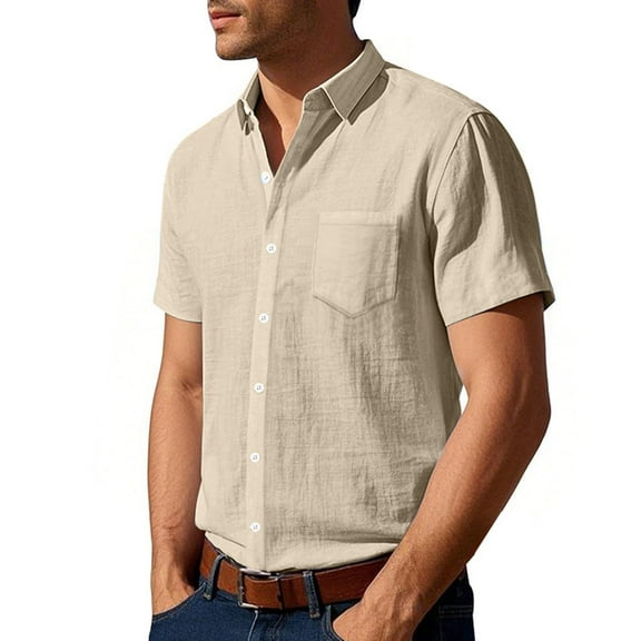 hoksml Men Cotton Linen Button-Down Shirts Solid Color Casual Collared Short Sleeve T-shirt Tops with Pocket, Summer Lightweight Breathable Blouse