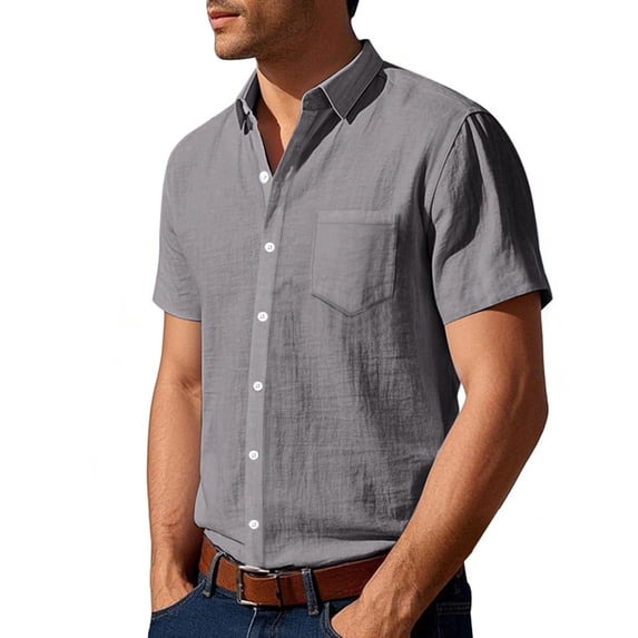 hoksml Men Cotton Linen Button-Down Shirts Solid Color Casual Collared Short Sleeve T-shirt Tops with Pocket, Summer Lightweight Breathable Blouse