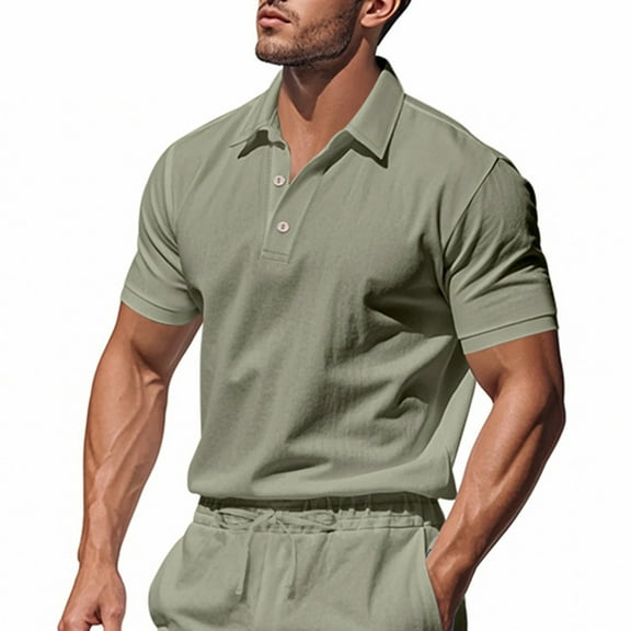 hoksml Men Fitness Sports Short Sleeves T Shirt Blouse Loose Turndown Solid Color Button Pullover Shirts Summer Lightweight Tops Casual Vacation Clothing