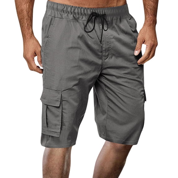hoksml Men Knee Length Cargo Shorts Casual Solid Color Multi Pockets Elastic Waist Drawstring Work Shorts Summer Lightweight Outdoor Hiking Travelling Shorts
