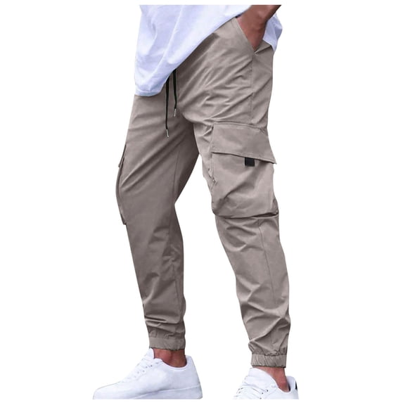 hoksml Men Outdoors Exercise Pants 2025 New Style Cargo Pants Casual Loose Elastic Waist Drawstring Multi Pockets Work Trousers