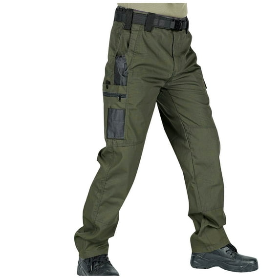 hoksml Men Ripstop Cargo Pants Casual Solid Color Elastic Waist Zipper Multiple Pockets Outdoor Straight Type Relaxed Fit Work Trousers Outdoor Hiking Travel Pants