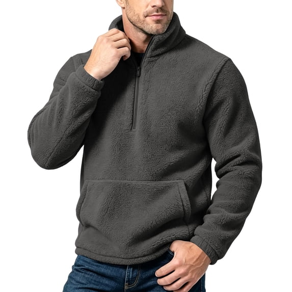 hoksml Men Solid Stand Collar Half Zip Fleece Sweatshirt with Pocket Casual Daily Outdoor Wear Everyday Comfort