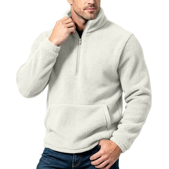 hoksml Men Solid Stand Collar Half Zip Fleece Sweatshirt with Pocket Casual Daily Outdoor Wear Everyday Comfort