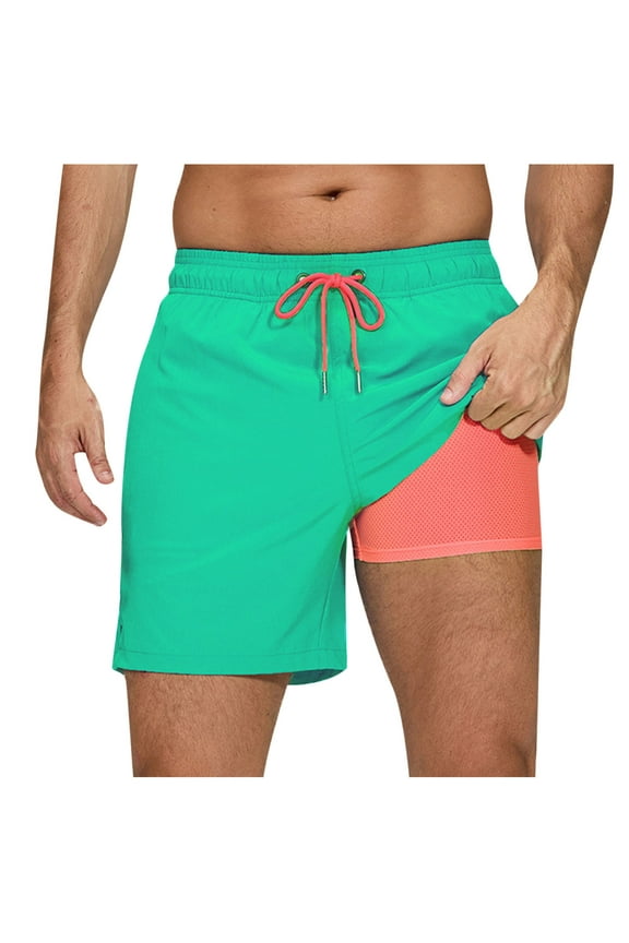 Men Summer Beach Shorts Solid Color Loose Elastic Waist Drawstring Zipper Pockets Double Layer 2-in-1 Style with Lined Exercise Shorts Lightweight Breathable Swim Trunks