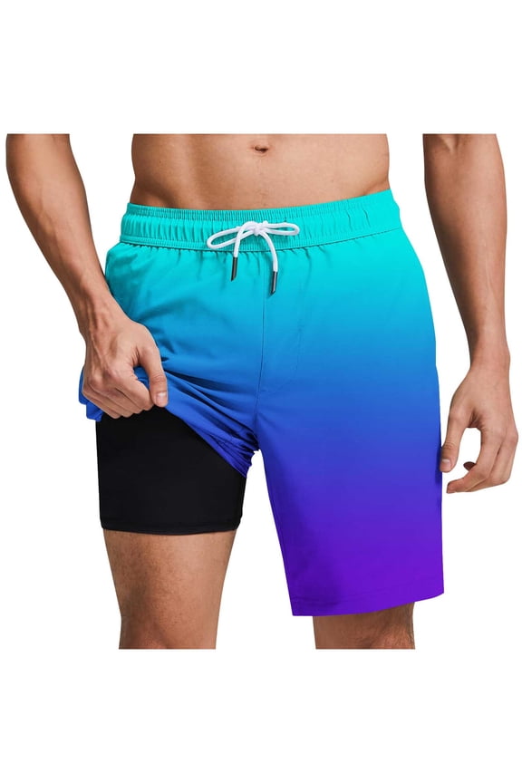 Men Swim Trunks 2-in-1 Style with Lined Casual Gradient Print Beach Shorts with Pockets Elastic Waist Tie Drawstring Quick Dry Swimming Bathing Suit