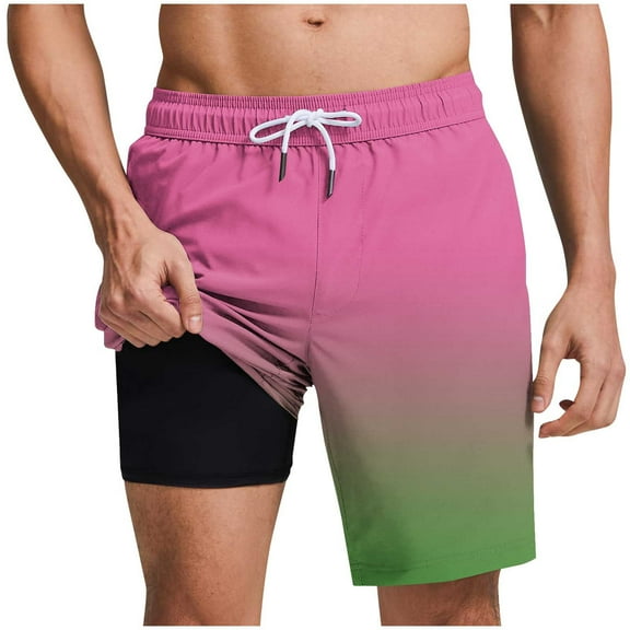 hoksml Men Swim Trunks 2-in-1 Style with Lined Casual Gradient Print Beach Shorts with Pockets Elastic Waist Tie Drawstring Quick Dry Swimming Bathing Suit