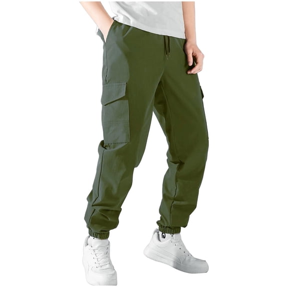 hoksml Men Travel Pants, Solid Color Multi Pocket Elastic Waist Bandage Drawstring Outdoor Hiking Bind The Feet Pants Casual Cargo Pants