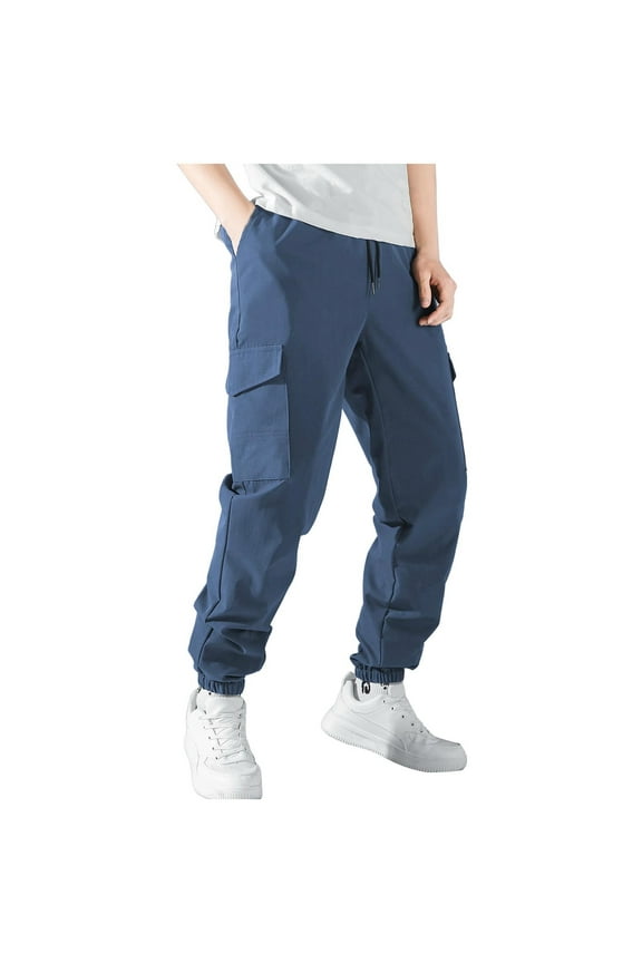 Men Travel Pants, Solid Color Multi Pocket Elastic Waist Bandage Drawstring Outdoor Hiking Bind The Feet Pants Casual Cargo Pants