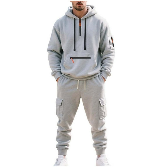 hoksml Men's 2-Piece Fleece-Lined Jogger Set, Half-Zip Hooded Top and Cargo Jogger Pants with Drawstring Waist for Casual Winter Wear