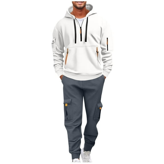 hoksml Men's 2-Piece Hoodie and Jogger Set Pullover Sweatshirt with Drawstring Hood Pocket Sweatpants Solid Color Casual Sportswear Suit