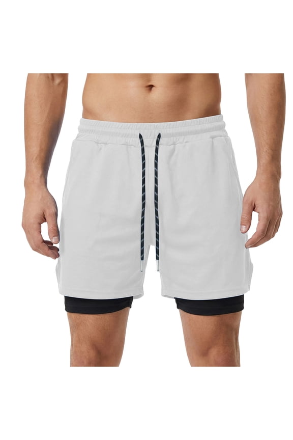 Men's 2 in 1 Compression Lined Athletic Shorts, Split Hem Drawstring Quick Dry Workout Shorts for Running Beach Wear