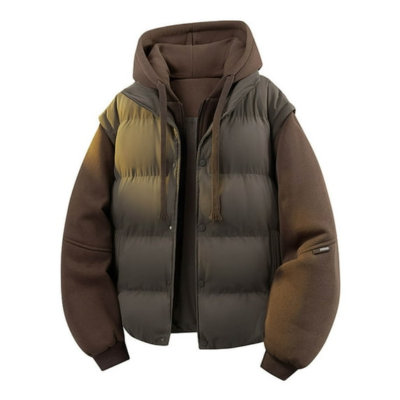 hoksml Men's 2-in-1 Hooded Vest with Attached Sleeves Stand Collar Zip Up Jacket with Drawstring and Pockets