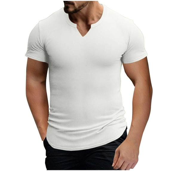 hoksml Men's Sports Elastic T-shirt Summer Trend Shirt Solid Color Slit Neck Casual Slim Short Sleeved V-neck Top/shirt Fitness Sports Running Tee Shirts