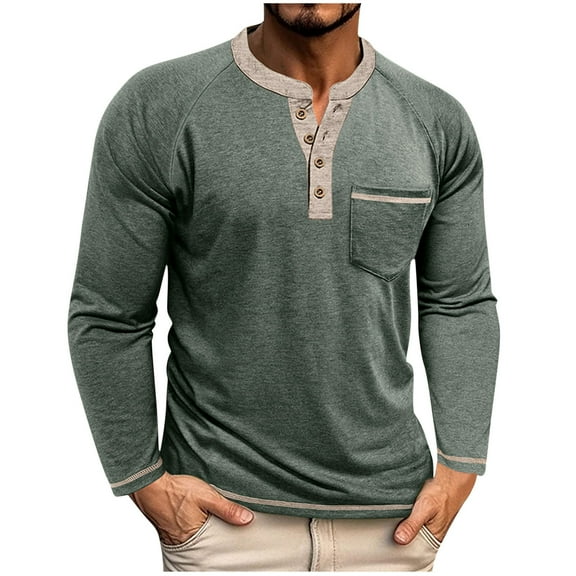 hoksml Men's Active Shirts Long Sleeved Tees Round Neck Half Button Color Blocked Pocket Casual Blouses Loose Moisture Wicking Workout T Shirts