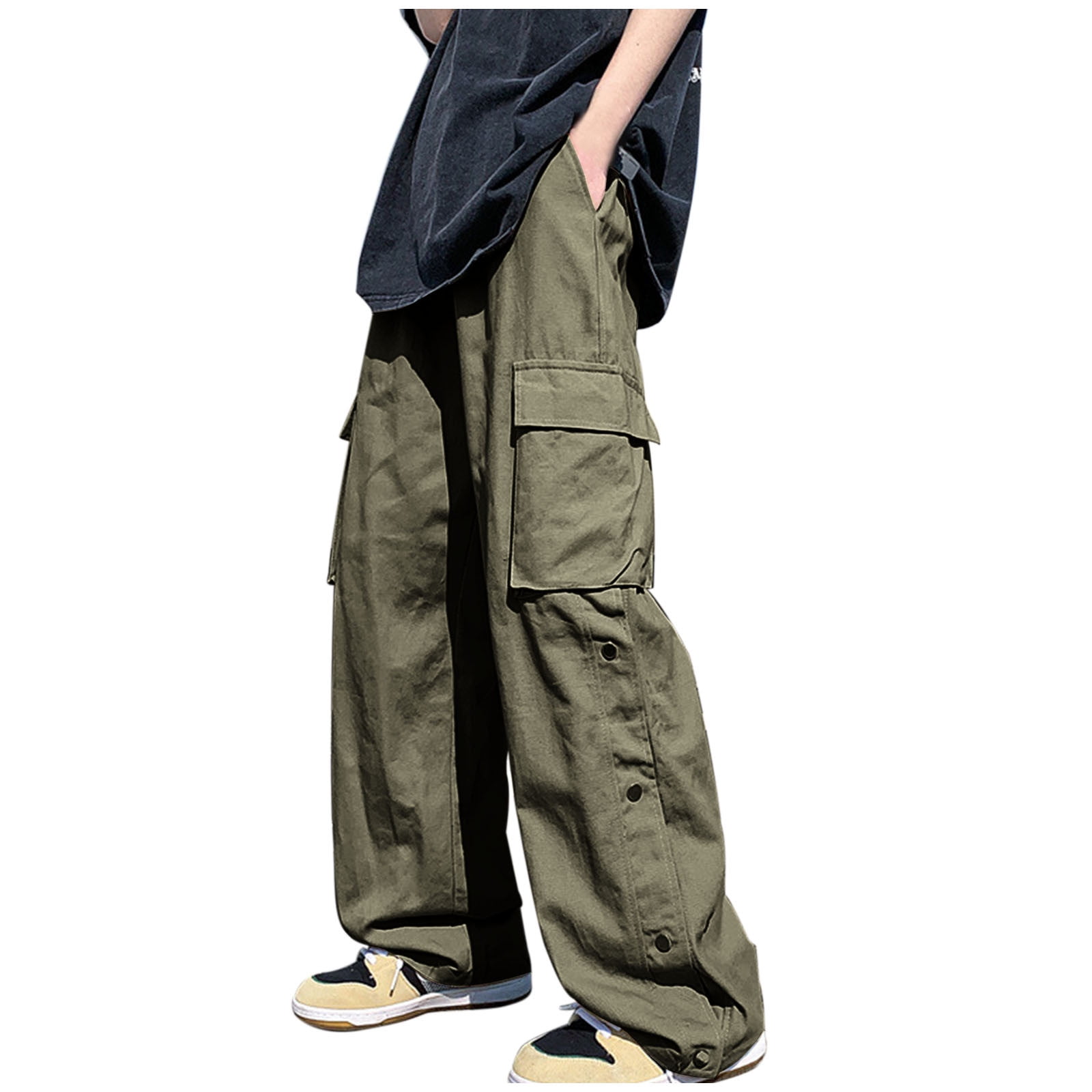hoksml Men's Baggy Pants Multi Pocket Button Side Split