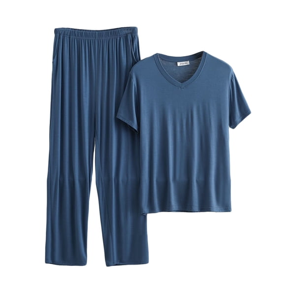 hoksml Men's Big Size Pajama Set Short Sleeve V-neck Sleepwear with Wide Leg Lounge Pants Two-piece Sets 3XL-6XL