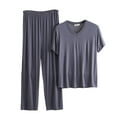 thumbnail image 1 of hoksml Men's Big Size Pajama Set Short Sleeve V-neck Sleepwear with Wide Leg Lounge Pants Two-piece Sets 3XL-6XL, 1 of 3
