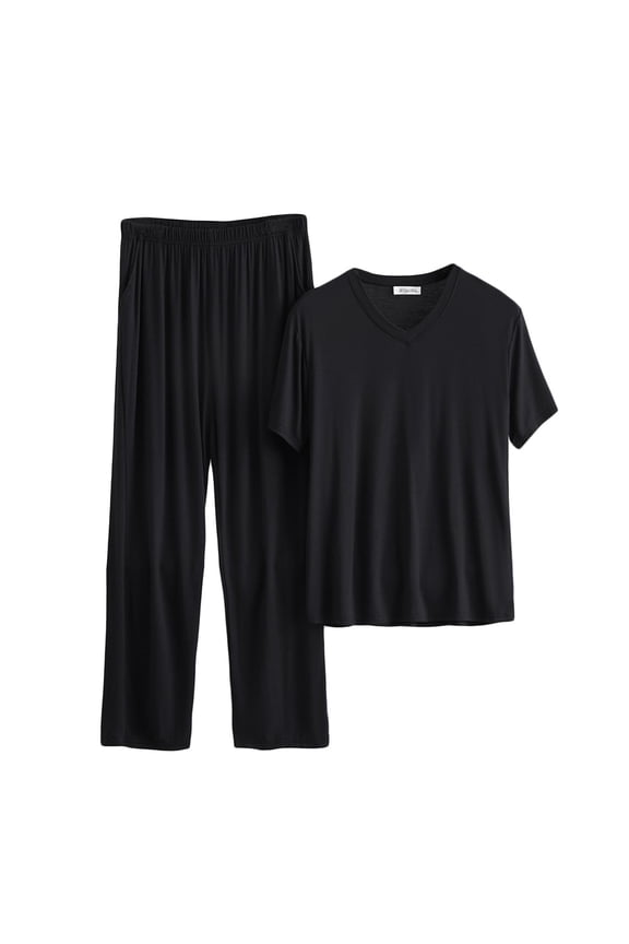 Men's Big Size Pajama Set Short Sleeve V-neck Sleepwear with Wide Leg Lounge Pants Two-piece Sets 3XL-6XL