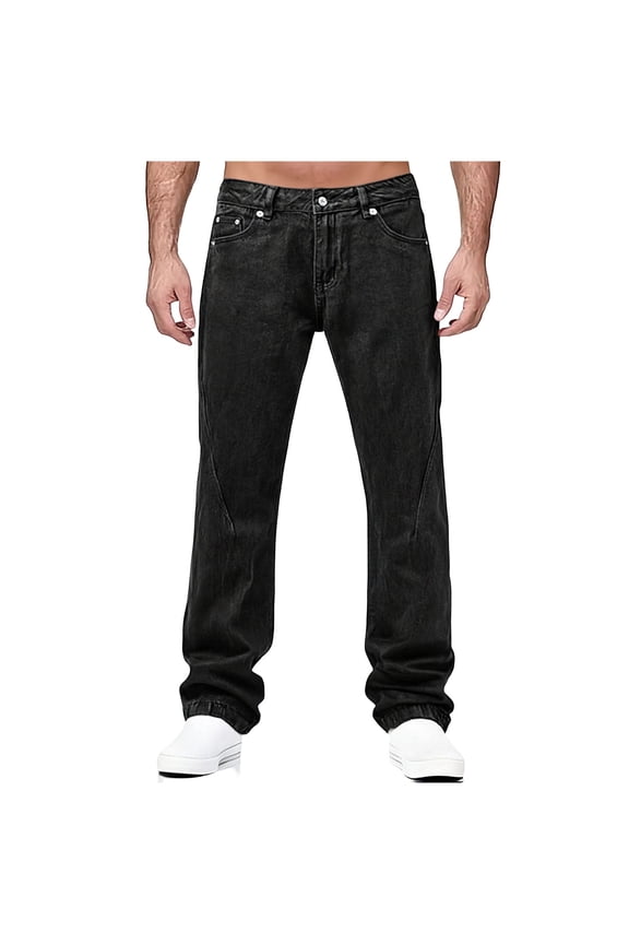 Men's Big Tall Black Jeans Straight Leg Pants Button Zipper Fly and Pockets, Solid Color Fashion Casual Denim