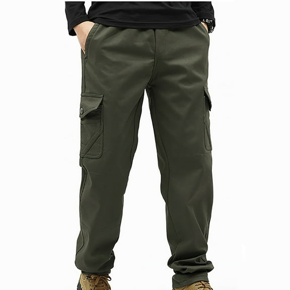 hoksml Men's Big and Tall Fleece-Lined Cargo Pants Solid Color Winter Work Straight-leg Trousers with Multiple Pockets and Elastic Waist for Outdoor Hiking