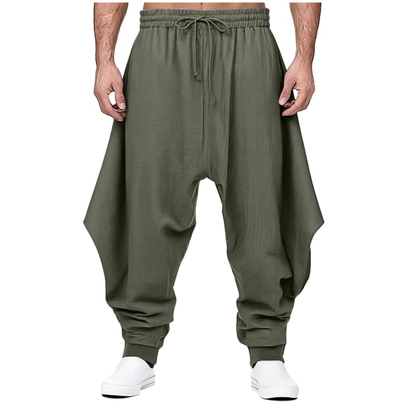 hoksml Men's Big Tall Relaxed Fit Pants Solid Color Harem Style, Elastic Drawstring Waist and Tapered Cuff in Linen Blend