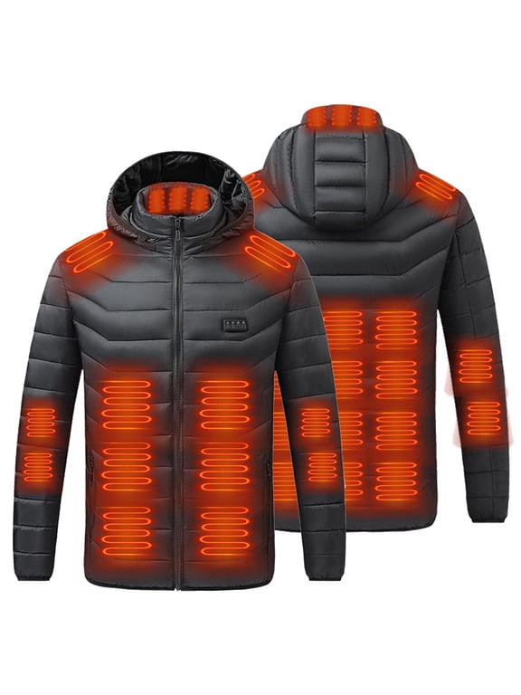 Men's Big Tall USB Heated Jacket with Removable Hood 29 Zone Heating 4 Temperature Controls Electric Rechargeable Battery Heating Coat