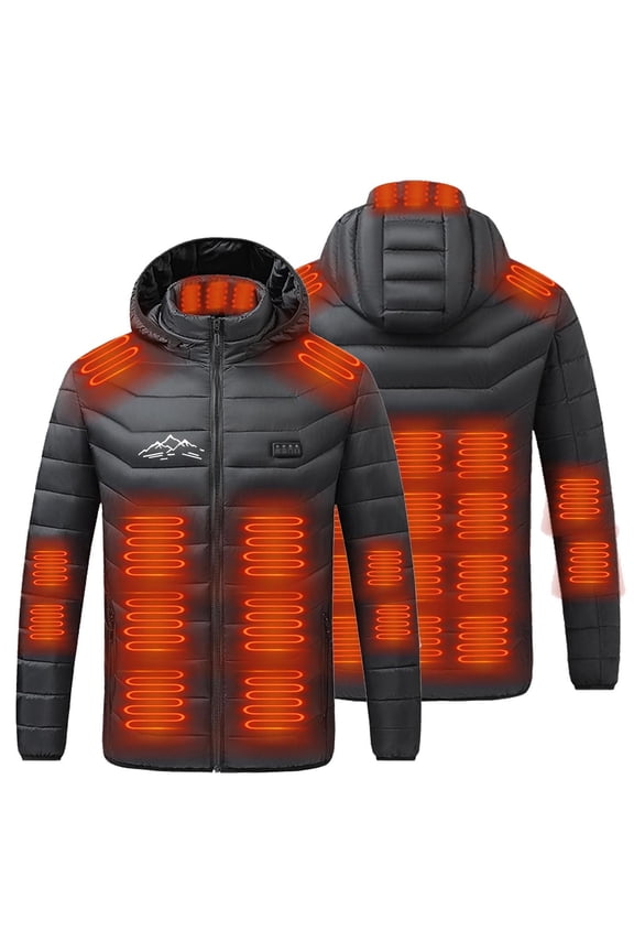 Men's Big Tall USB Heated Jacket with Removable Hood 29 Zone Heating 4 Temperature Controls Electric Rechargeable Battery Heating Coat