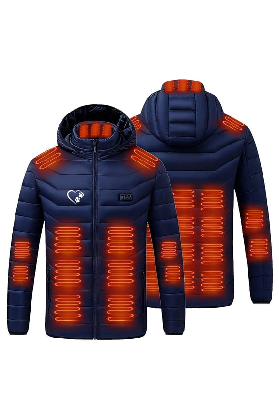 Men's Big Tall USB Heated Jacket with Removable Hood 29 Zone Heating 4 Temperature Controls Electric Rechargeable Battery Heating Coat