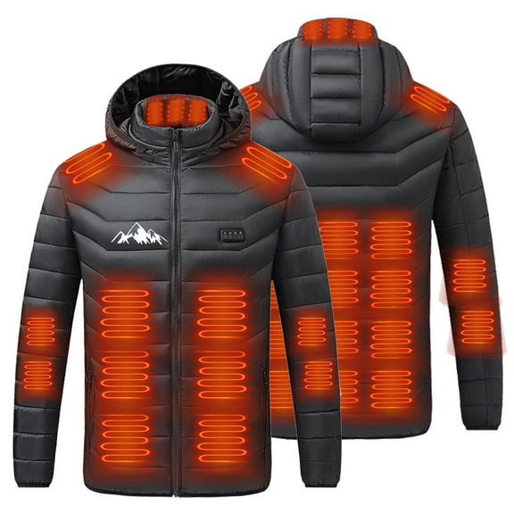 hoksml Men's Big Tall USB Heated Jacket with Removable Hood 29 Zone Heating 4 Temperature Controls Electric Rechargeable Battery Heating Coat