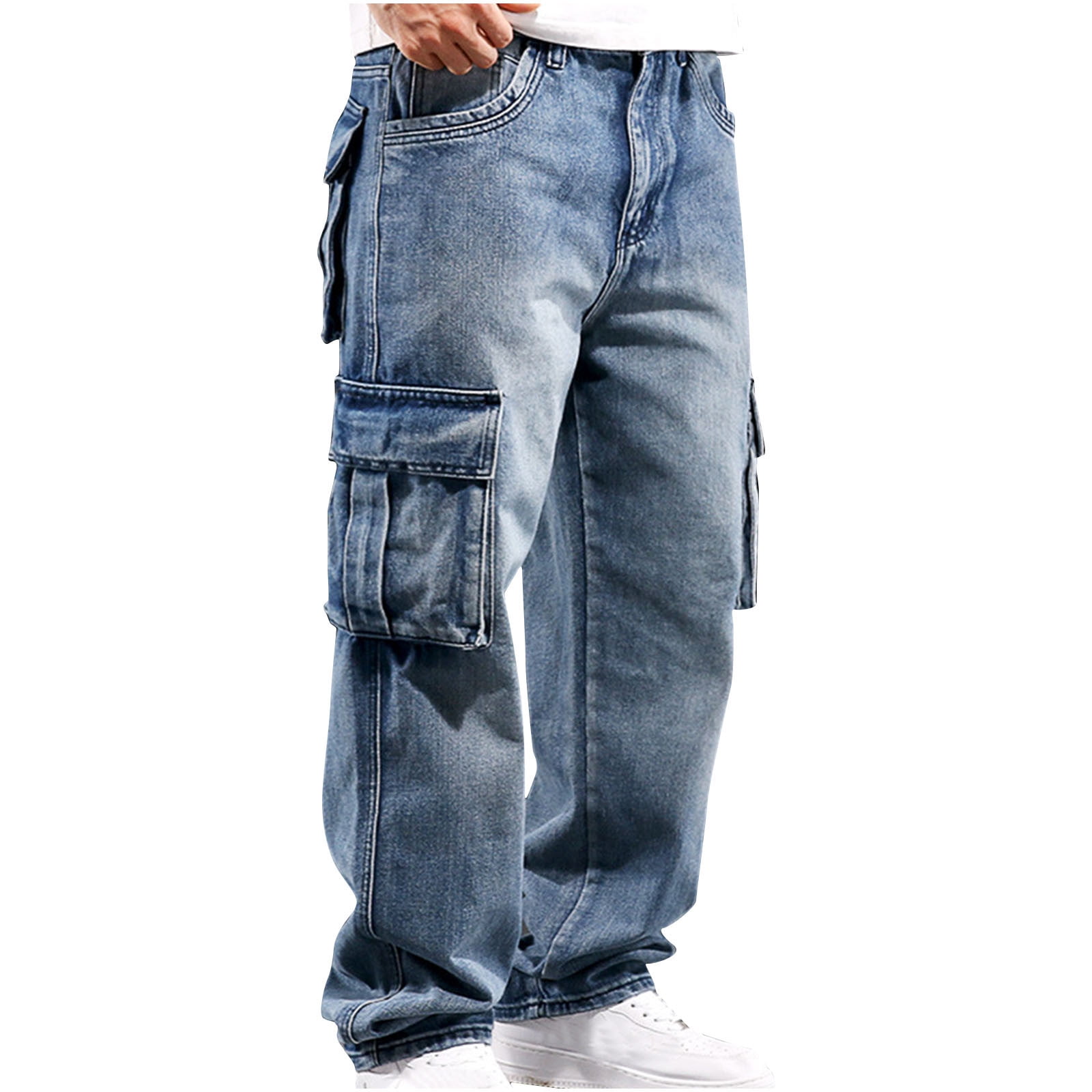 hoksml Men's Big and Tall Cargo Denim Pants Straight Leg Jeans