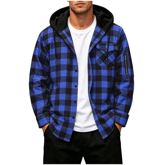 hoksml Men's Large-Block Plaid Hooded Shacket Button Down Long Sleeve Shirt Jacket Casual Everyday Outerwear