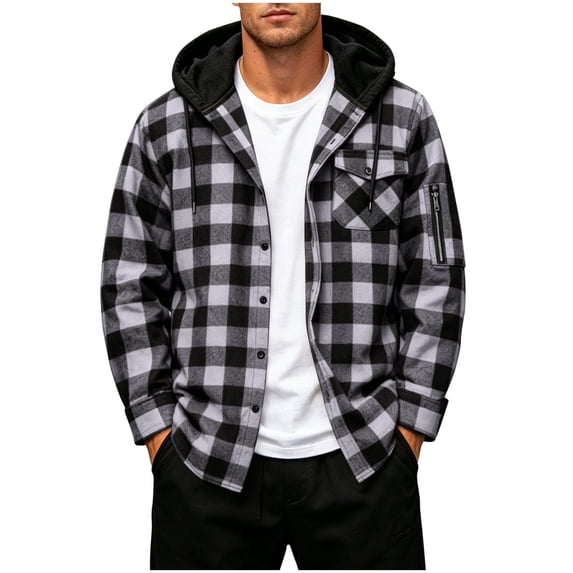 hoksml Men's Large-Block Plaid Hooded Shacket Button Down Long Sleeve Shirt Jacket Casual Everyday Outerwear
