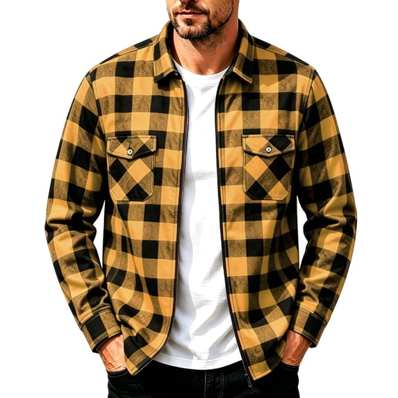 hoksml Men's Buffalo Plaid Zip Up Shacket Point Collar Dual Chest Pockets Stretch Flannel Jacket Comfort