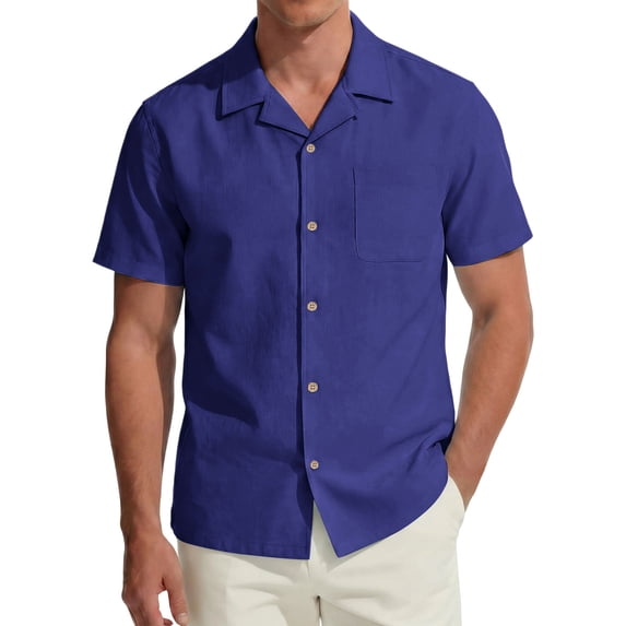 hoksml Men's Camp Collar Short Sleeve Button Down Shirt, 100% Cotton Loose Pocket Shirts for Daily Beach Casual Wear