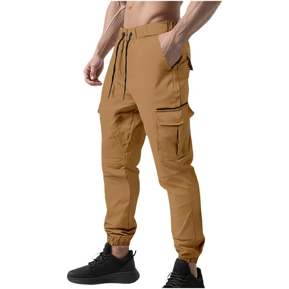 hoksml Men's Cargo Joggers Solid Color Drawstring Elastic Waist Casual Pants Elastic Cuffs with Multiple Pockets