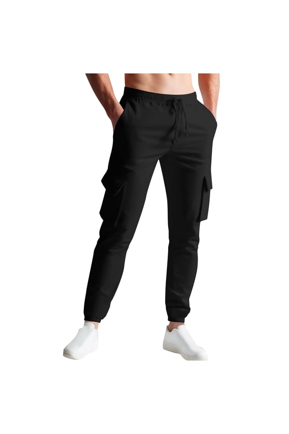 Men's Cargo Pants Solid Color Slim Jogger Pants Elastic Waist Tie Multi Pocket Leisure Jogging Tight Pants Athletic Work Clothes Bind The Feet Pants
