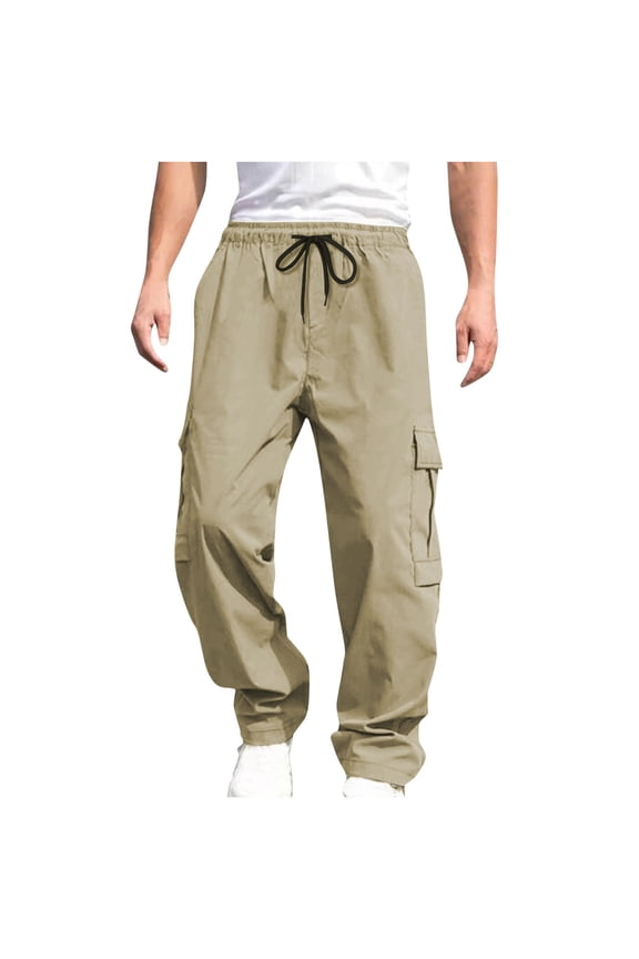Men's Cargo Pants with Drawstring Waist and Multiple Pockets Solid Elastic Adjustable Tie Closure Work Pants