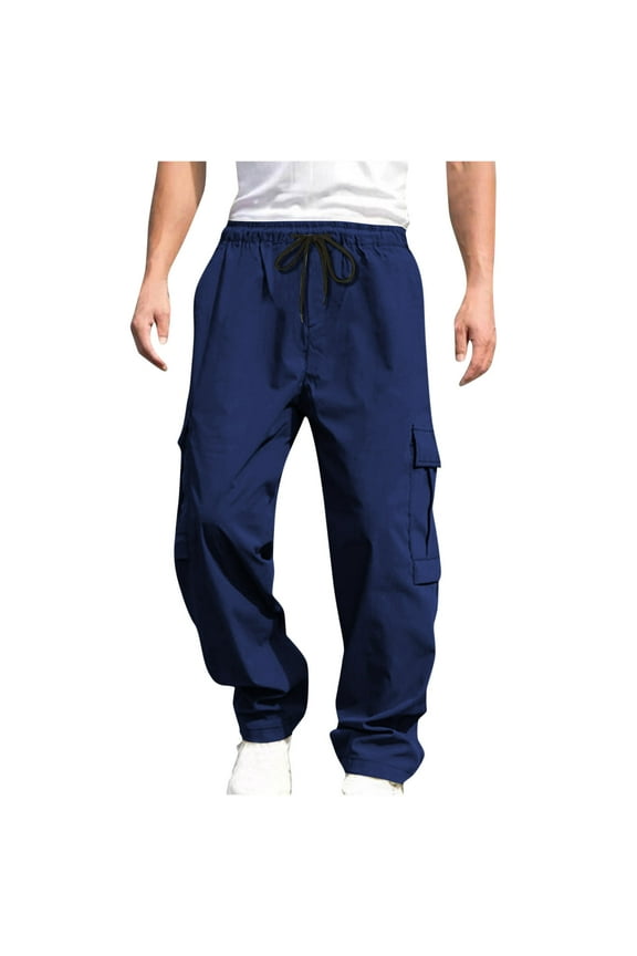 Men's Cargo Pants with Drawstring Waist and Multiple Pockets Solid Elastic Adjustable Tie Closure Work Pants